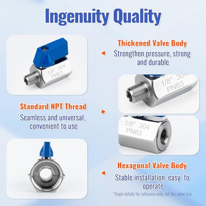 2 Pack 1/8" Mini Ball Valve, 304 Stainless Steel Water Flow Control Male x Female NPT Threaded Shut-Off Drain Valves with Quarter Turn Operation - size: 1/8 Inch