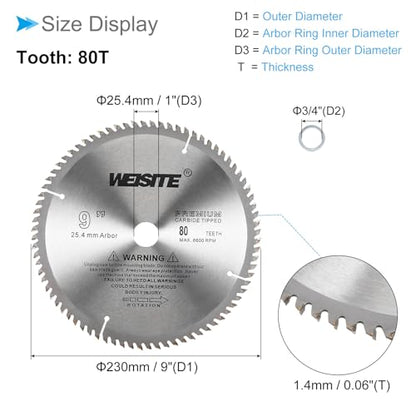 Circular Saw Blade, 9" Outer Dia 80 Teeth 3/4" Arbor, Wood Tungsten Carbide Tipped () Slitting Saw - (Applications: for Wood Cutting) - size: 230mm x 80T