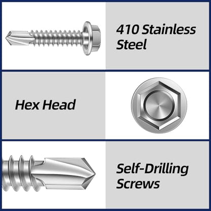 #12 x 1 Hex Washer Head Self Drilling Sheet Metal Screws with Drill Point, 410 Stainless Steel Self Tapping Screws for Metal, 50 PCS - color: Silver, size: #12 x 1"