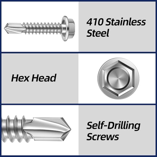 #10 x 2 Hex Washer Head Self Drilling Sheet Metal Screws with Drill Point, 410 Stainless Steel Self Tapping Screws for Metal, 50 PCS - color: Silver, size: #10 x 2"