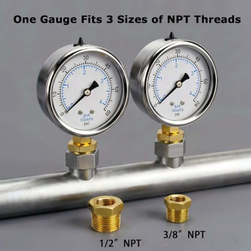 YSIL 1/4 NPT Liquid Filled Pressure Gauge w/ 3/8 NPT 1/2 NPT Adapter 60Psi - size: 0-60 psi