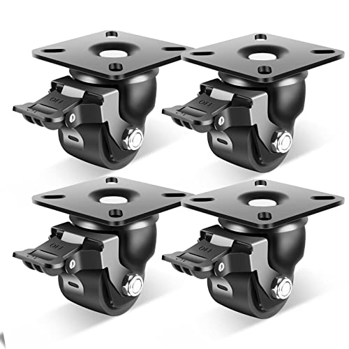Nefish 2-Inch Heavy Duty Casters Set of 4, Industrial Grade Castors Wheels 2200 LBS, Low Gravity Plate Swivel Caster with Brake, Durable & Corrosion-Resistant Nylon Wheels for Industrial, Equipment - color: Black Carbon Steel, size: 2 IN