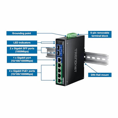 TRENDnet 7-Port Industrial Gigabit PoE+ DIN-Rail Switch, TI-PG62B - style: 6 port PoE Switch w/ Boost Voltage