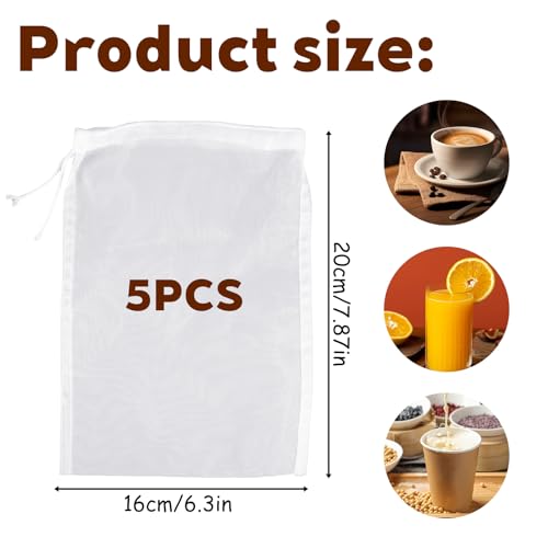 5 Pcs Nylon Brew Bags, Fine Mesh Brewing Bag Reusable Cold Brew Bags, 7.9 x 5.9 Inch Straining Bag for Beer, Wine, Cider, Mesh Strainer Steeping Bags - size: 7.9 x 5.9 Inch