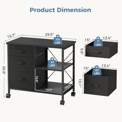 DUMOS 3 Drawer Mobile File Cabinet, Rolling Printer Stand with Storage - color: Rustic Black