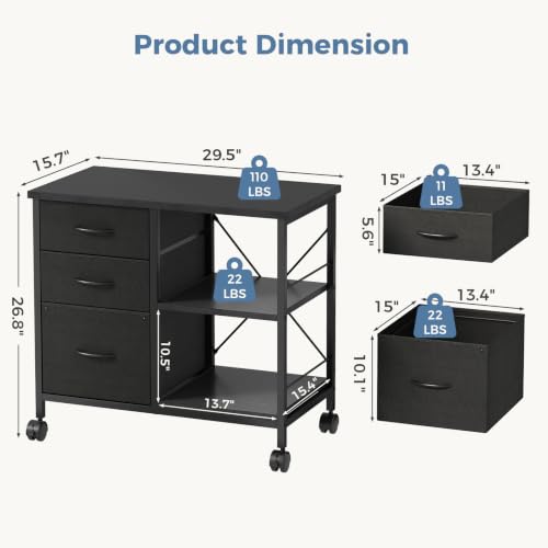 DUMOS 3 Drawer Mobile File Cabinet, Rolling Printer Stand with Storage - color: Rustic Black