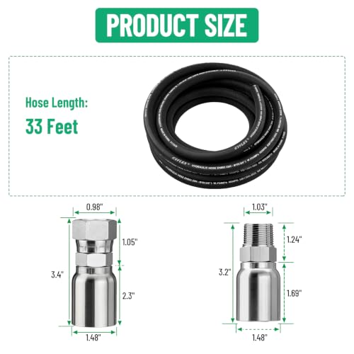 33FT 3/4" Hydraulic Hose with 12PCS Hydraulic Hose Fittings - size: 3/4" Hydraulic Hose - 33FT