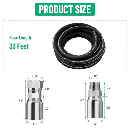 33FT 3/4" Hydraulic Hose with 12PCS Hydraulic Hose Fittings - size: 3/4" Hydraulic Hose - 33FT