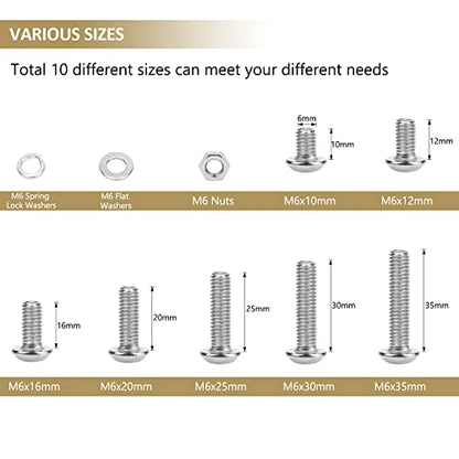 148 Pieces M6 x 10/12 /16/20 /25/30 /35mm Button Head Socket Cap Screws Nuts Washers Assortment Kit, 304 Stainless Steel, Fully Machine Thread - size: M6, style: Button Head