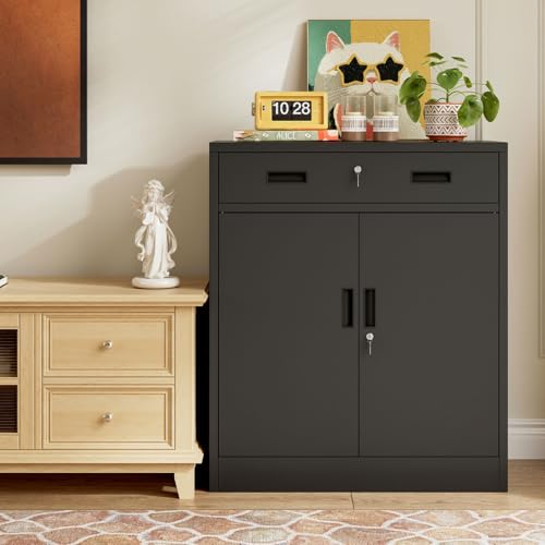 BESFUR Metal Garage Storage Cabinet with One Lockable Drawer 2 Locking Doors and an Adjustable Shelf, 36" Black Metal Short Storage Cabinet for Home Office,Garage,School,Utility Room - color: Black, size: 36"H x 27.5"W x 15.8"D