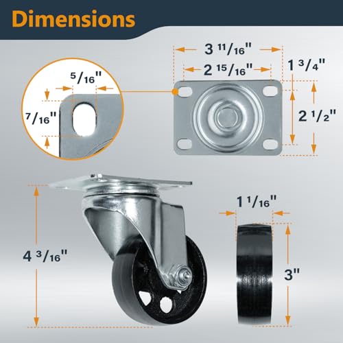 POWERTEC 3 Inch Cast Iron Swivel Caster Wheels Set of 4, Heavy Duty 992 lbs Loads, Plate Casters - 2 with Brake & 2 Without, for Cart, Dolly and Workbenches (17225) - size: 3 Inch, Swivel, Mixed Lock, Cast Iron