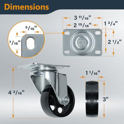 POWERTEC 3 Inch Cast Iron Swivel Caster Wheels Set of 4, Heavy Duty 992 lbs Loads, Plate Casters - 2 with Brake & 2 Without, for Cart, Dolly and Workbenches (17225) - size: 3 Inch, Swivel, Mixed Lock, Cast Iron
