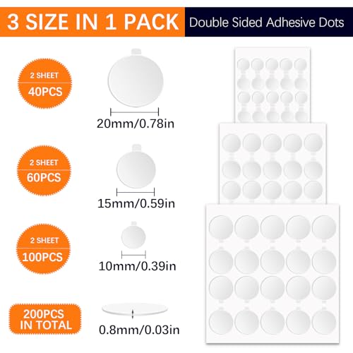 Sticky Dots Double Sided Adhesive Dots Set with Peel Handle, 3 Types Clear Removable Sticky Putty, Waterproof No Damage Glue Tack for Poster Hanging Balloon Arch Museum Gel Party Decoration (200)