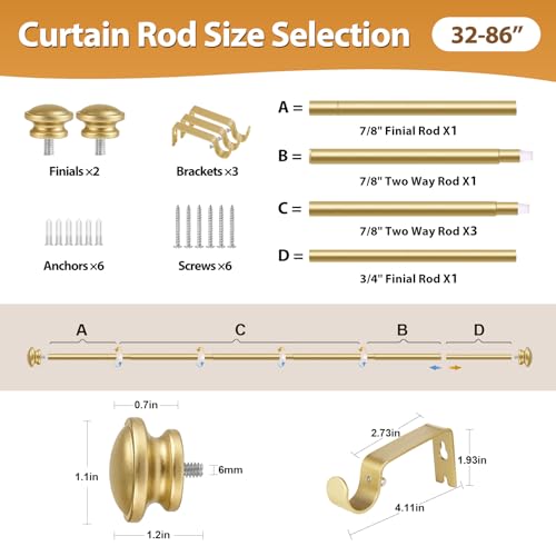 TONIAL Curtain Rods for Windows, 32 to 86 Inch, Gold, Single Drapery Rod - color: Gold, size: 32-86"