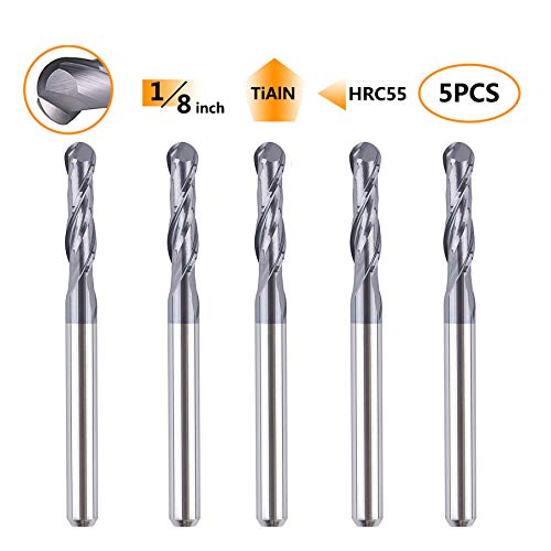 SpeTool 5Pcs Ball Nose Router Bits 1/8" Cutting Diameter Milling Tool HRC55, 1/8" Shank Up Cut Spiral CNC Tool - size: D1/8"