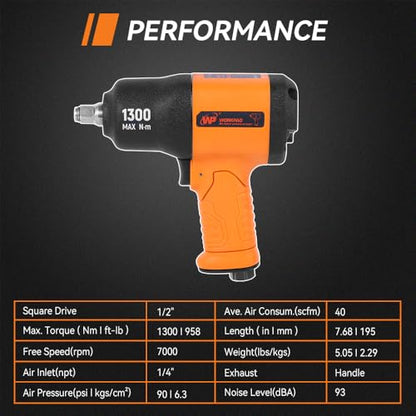 WORKPAD WPIW1300 Professional 1/2-in Air Impact Wrench,958 ft-lbs Composite Body, Variable Power Settings, Heavy Duty Pneumatic Tool