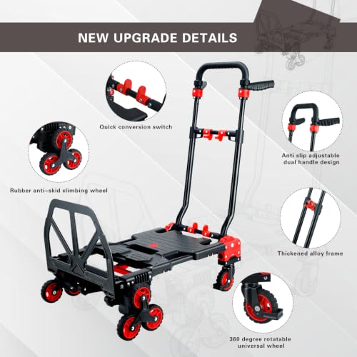 2 in 1 Foldable Stair Climbing Dolly Cart with Wheels(Red) - color: Red