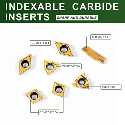 Indexable Lathe Turning Tool-3/4" Shank 7 Pieces Carbide Turning Tool Set,CNC Heavy-Duty Metal Lathe Cutting Tools for Turning Grooving Threading Cutting with Tin Coated Carbide Inserts