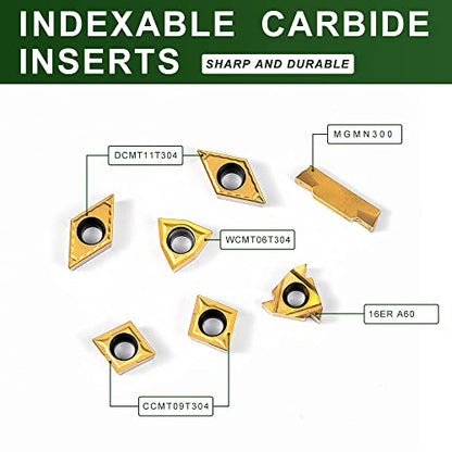 Indexable Lathe Turning Tool-3/4" Shank 7 Pieces Carbide Turning Tool Set,CNC Heavy-Duty Metal Lathe Cutting Tools for Turning Grooving Threading Cutting with Tin Coated Carbide Inserts