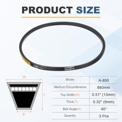 uxcell 3Pcs A850 Rubber V-Belt, 850mm Li x 13mm W x 8mm T, Classic Wrapped - size: A850