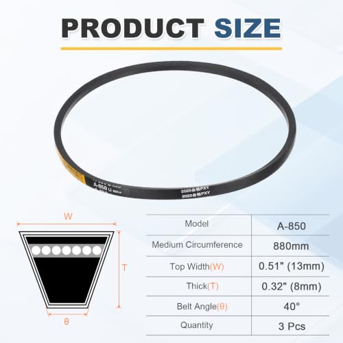 uxcell 3Pcs A850 Rubber V-Belt, 850mm Li x 13mm W x 8mm T, Classic Wrapped - size: A850