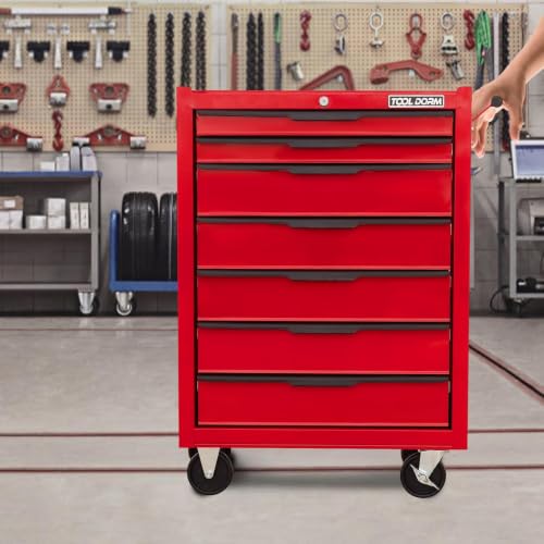 7-Drawer Toolbox with Wheels, Rolling Toolbox - color: Red-7