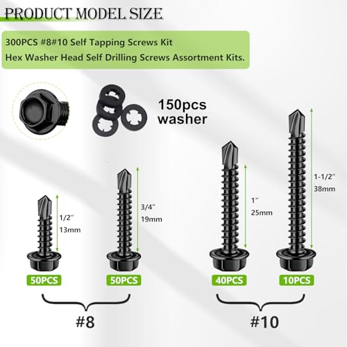 mxuteuk 300PCS #8#10 Black Self Tapping Screw for Metal,410 Stainless Steel - size: BK 300PCS #8 #10 Kit