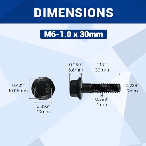 16-Sets M6-1.0 x 30mm Grade 10.9 Flange Hex Bolts + Flange Nut + Flat Washer + Lock Washer Combo Pack, Black Oxide, for Automotive & Machinery - size: M6-1.0 x 30mm