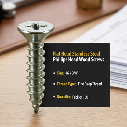 BCP Fasteners #6 x 3/4" Stainless Steel Flat Head Wood Screws, 100 Pack - size: #6 x 3/4"