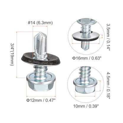 uxcell #14 x 3/4" Self Drilling Screws with Rubber Washer, 100pcs Zinc Plated Steel Roofing Screws Hex Head Self Tapping Screws with EPDM Washer for Metal to Metal - size: #14 x 3/4"