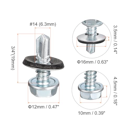 uxcell #14 x 3/4" Self Drilling Screws with Rubber Washer, 100pcs Zinc Plated Steel Roofing Screws Hex Head Self Tapping Screws with EPDM Washer for Metal to Metal - size: #14 x 3/4"