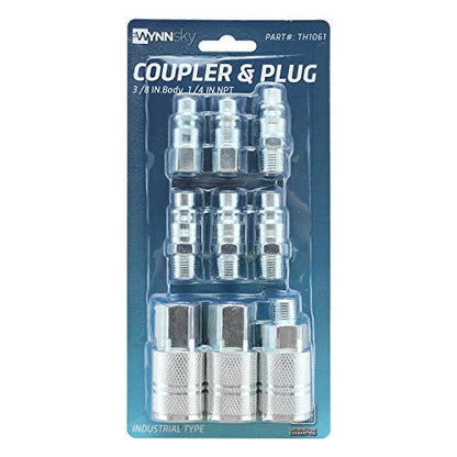 Industrial Air Coupler and Plug Kit, 3/8 Inch High Flow Body Size, 1/4 Inch NPT Threads Size, Steel Material, 9 Pieces Air Compressor Hose Accessories Fittings - size: 3/8 inches