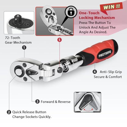 FIRSTINFO 1/4 Drive Locking Flex-Head Ratchet Wrench Extendable, 72-Tooth - size: 1/4-Inch Drive