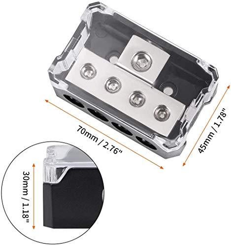 4 Way Power Distribution Block, 1x 0/2/4 AWG Gauge in / 4X 4/8/10 Gauge Out Amp Power Distribution Ground Distributor Connecting Block for Car Amplifier Audio Splitter 2 Pack