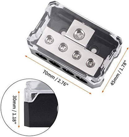 4 Way Power Distribution Block, 1x 0/2/4 AWG Gauge in / 4X 4/8/10 Gauge Out Amp Power Distribution Ground Distributor Connecting Block for Car Amplifier Audio Splitter 2 Pack