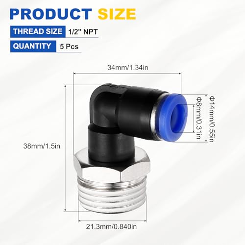 5Pcs Male Elbow Push to Connect Fitting Fit 8mm OD Tube 1/2" NPT - color: Blue, size: 8mm OD x 1/2" NPT