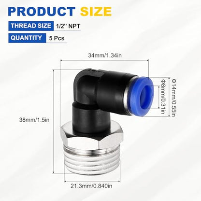 5Pcs Male Elbow Push to Connect Fitting Fit 8mm OD Tube 1/2" NPT - color: Blue, size: 8mm OD x 1/2" NPT