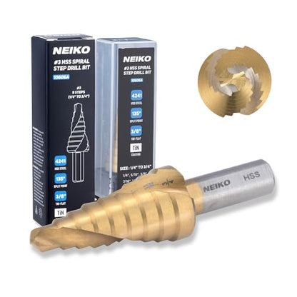 NEIKO 10606A Step Drill Bit, 9 Steps 1/4" to 3/4" Spiral High Speed Steel, Titanium Nitride Coated, 3/8" Tri Flat Step Bits for Steel, Metal, Wood, Plastic, Unibit Cone Drill Bits, Two Flute - size: #3 (1/4 - 3/4", 9S), style: Spiral