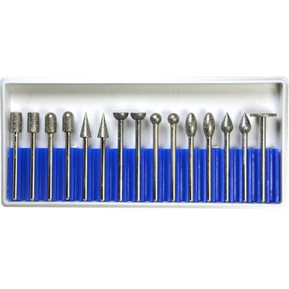 15Pcs Flat Cylinder,Bullet,Cone,Spherical,Concave,Round Flame,Reverse Half-Ball,Thin Disc,Multiple Diamond Burrs,6mm Head,1/8 3mm Shank,Sharpen Deburr Grind Bits for Glass Stones Shell - size: Multiple 15Pcs-1/4 haed-3mm shank