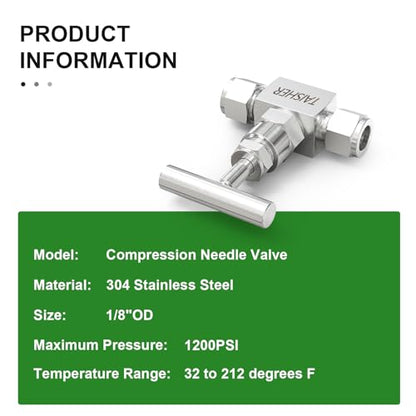 TAISHER 1PCS 304 Stainless Steel High Pressure Straight Needle Valve 1/8" Tube OD x 1/8" Tube OD For Flow Control Water Gas Oil - size: 1/8" OD