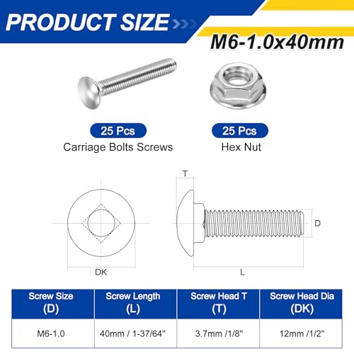25Set M6-1.0x40 Carriage Bolt with Hex Nut 304SS - color: Silver, size: M6-1.0x40mm