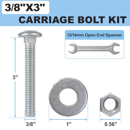 3/8" x 3" Carriage Bolt Kit 50 Pack, Grade 307A, Hot Dip Galvanized Carriage Bolt Set, Rust Resistance, Includes Hex Nuts & Flat Washers - size: 3/8 x 3