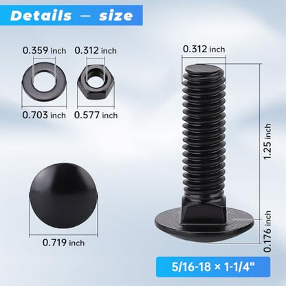 Glvaner (10 Sets) 5/16-18 x 1-1/4" Stainless Steel Carriage Bolts Screws Black and Hex Nuts & Flat Washers Black, Round Head Square Neck, 304 Stainless Steel 18-8, Full Thread Coverage - size: 5/16-18 x 1-1/4"