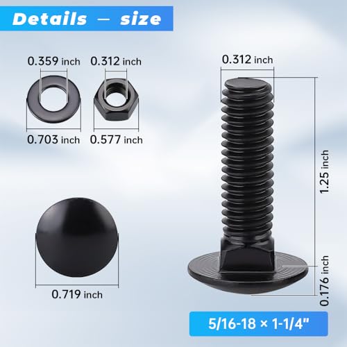 20 Sets 5/16-18 x 1-1/4" Black Carriage Bolts Screws and Hex Nuts & Flat Washers, 304 Stainless Steel 18-8, Round Head Square Neck, Full Thread Coverage - size: 5/16-18 x 1-1/4"