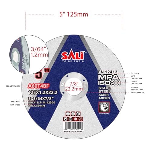 SALI 25 Pack Cut Off Wheel 5 Inch General Purpose Metal Cutting Wheel for 5" Grinders- Cutting Disc Aggressive Cutting 5" x 3/64" x 7/8" Operating Up to RPM 12200 and 80 M/S