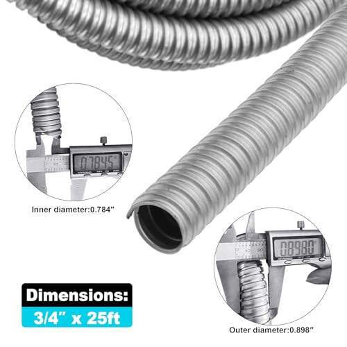 3/4 inch x25ft Flexible Electrical Conduit - Galvanized Steel Greenfield Flex Metal Conduit for Exposed Wiring, AC Connections & Industrial Cable Protection - size: 3/4 inch x25ft