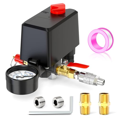 MEANLIN MEASURE Air Compressor Pressure Switch Control Valve 120-150 PSI 110V-240V 4-way Replacement Parts With 0-200 Psi Pressure gauge and Safety Pressure Relief Valve - style: Basic Model