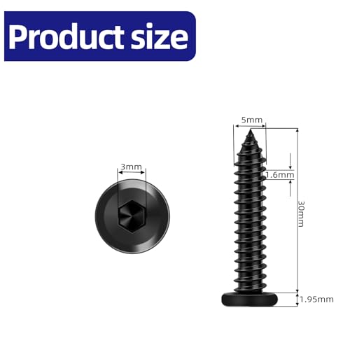 50-Piece M5 x 30mm Black Self-Tapping Screws - 304 Stainless Steel Flat Head Hex Socket Cap Screws with Drive Bit, for Wood and Thin Metal - color: Black, size: M5 x 30mm