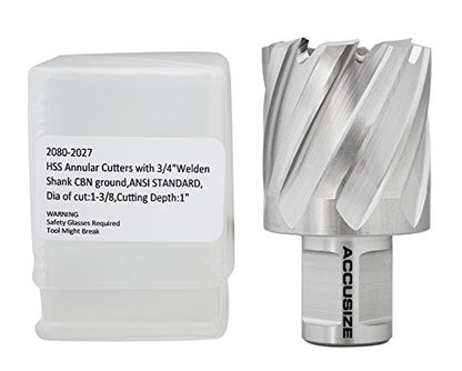 Accusize HSS Annular Cutter 1-3/8 x 1 in Cutting Depth, 3/4" Weldon Shank - size: Dia of Cut: 1-3/8 in., 3/4 in. Weldon Shank