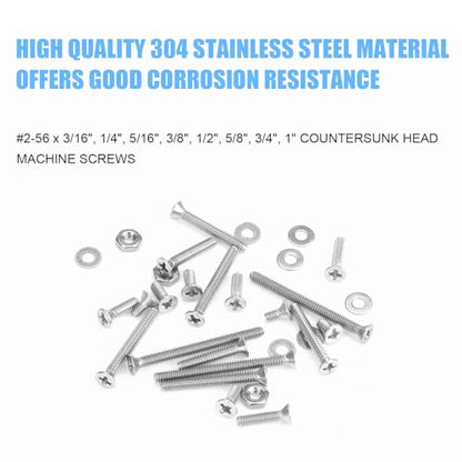 DYWISHKEY 256 Pieces #2-56 x 3/16", 1/4", 5/16", 3/8", 1/2", 5/8", 3/4", 1" Phillips Countersunk Head Machine Screws Nuts Washers Assortment Kit, 2-56 Screw Kit, 304 Stainless Steel - size: #2-56, style: Phillips Countersunk Head